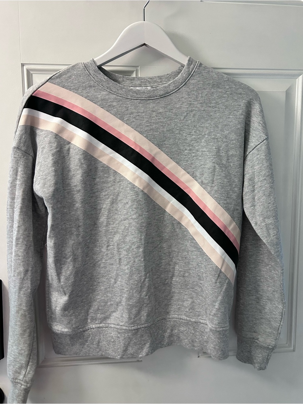 Nine West Gray Crewneck Sweatshirt with Pink, Black & Cream Diagonal Stripes